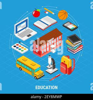 Isometric education concept with different school objects on blue background 3d vector illustration Stock Vector