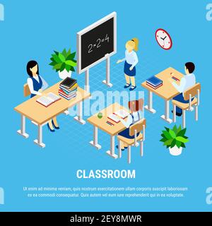 Pupils and teacher at mathematics lesson in classroom education 3d isometric vector illustration Stock Vector