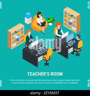 Education isometric concept with teachers working on computers in their room 3d vector illustration Stock Vector