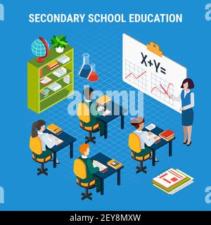 Secondary school students and teacher in classroom education isometric concept 3d vector illustration Stock Vector