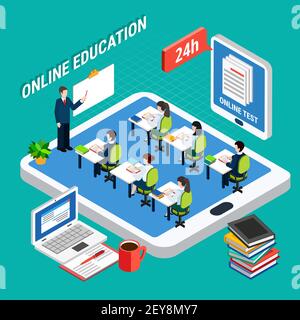 Online distant education isometric concept with teacher pupils tablet books and laptop 3d vector illustration Stock Vector