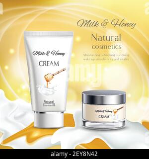 Milk and honey quality cosmetics natural ingredients realistic advertisement poster with cream tube and jar vector illustration Stock Vector