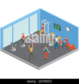 Fitness isometric composition with sport exercise room with big windows sporting equipment and people working out vector illustration Stock Vector