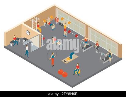 Fitness isometric composition with images of people working out inside sports hall with gym apparatus facilities vector illustration Stock Vector