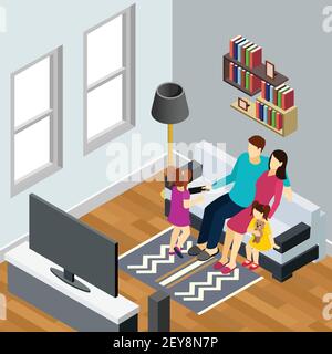 Young family with 2 little daughters watching tv home isometric composition with living room interior vector illustration Stock Vector