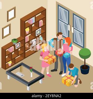 Family home living room interior event celebration isometric composition with parents daughter son opening presents vector illustration Stock Vector