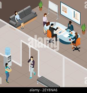 Business meeting in office isometric composition with personnel at table with coffee gadgets and reports vector illustration Stock Vector