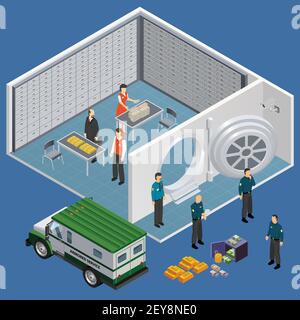 Bank isometric composition with view of safety deposit box room and cash delivery vehicle with officials vector illustration Stock Vector