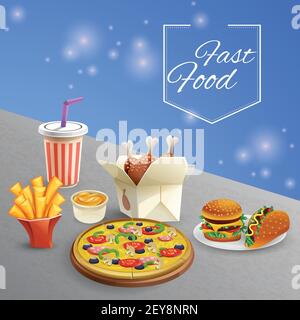 Plates with various fast food sauce and drink on grey table cartoon vector illustration Stock Vector