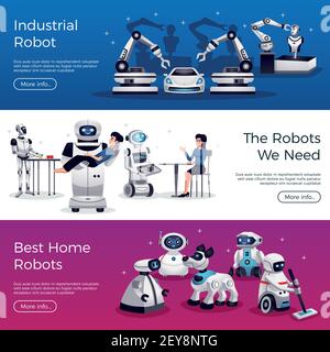 Industrial medical service future home and office helper robots 3 horizontal web page banners isolated vector illustration Stock Vector