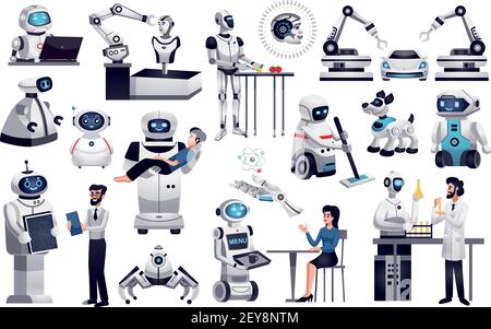 Robots next generation artificial intelligence machines in industry medicine housekeeping office helpers companions flat set vector illustration Stock Vector