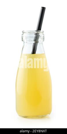 small bottle of freshly squeezed pineapple juice with black straw isolated on white background Stock Photo