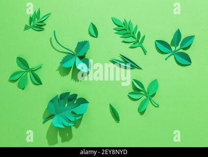 green background with paper leaves Stock Photo