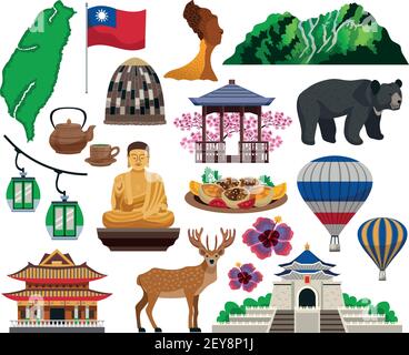 Taiwan travel cultural symbols traditions food sightseeing landmarks tourists attractions architecture flat elements set isolated vector illustration Stock Vector
