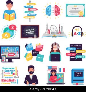 Foreign language learning programs tutors online courses training centers smartphone apps flat icons set isolated vector illustration Stock Vector