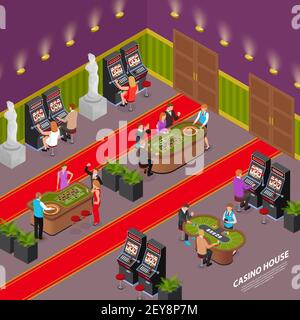 Casino house playing room interior isometric composition with slot machines poker card game roulette table vector illustration Stock Vector