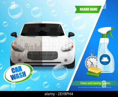Car wash products realistic advertisement poster with auto in soap bubbles cleaning foam sponges clock vector illustration Stock Vector