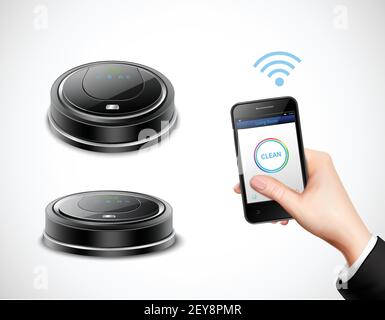 Realistic robotic vacuum cleaner with wifi control by smart phone on isolated light background vector illustration Stock Vector