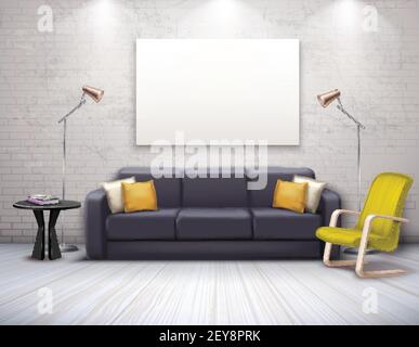 Mock up of realistic modern interior with furniture in black yellow color and ceiling lighting vector illustration Stock Vector