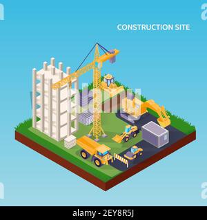 Construction site isometric concept with house foundation crane excavator bulldozer and materials on blue background 3d vector illustration Stock Vector