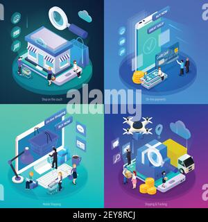 E-commerce mobile online shopping from home worldwide safe payments 4 glow isometric icons concept vector illustration Stock Vector