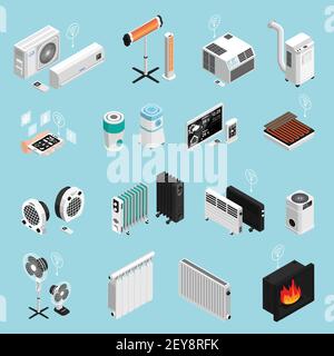 Smart home climate cooling heating elements isometric icons set with fireplace air condition radiator isolated vector illustration Stock Vector