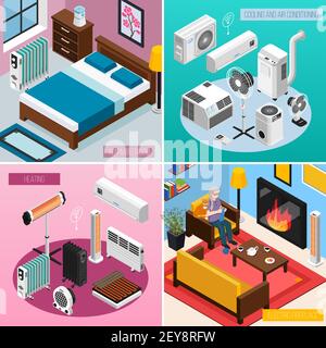 Smart home climate concept 4 isometric interior compositions with automated heating radiator air conditioner fireplace vector illustration Stock Vector