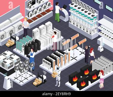 Smart home climate heating cooling elements sale automated shop isometric composition with radiators fans customers vector illustration Stock Vector