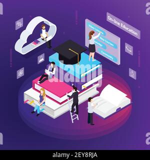 E-learning distance education colorful glow composition with students using virtual library personal support online vector illustration Stock Vector