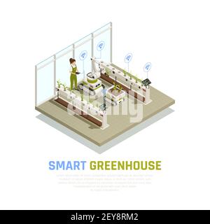 Agriculture automation smart farming composition with indoor view of modern hothouse with robotic drones and personnel vector illustration Stock Vector