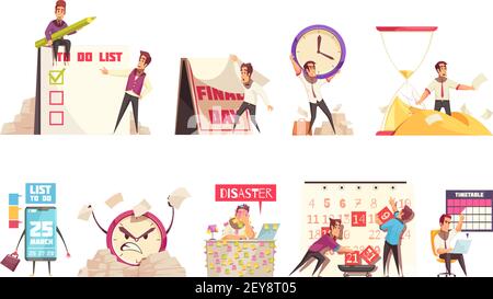 Set of isolated cartoon compositions on theme of time management planning schedule timetable and deadline vector illustration Stock Vector