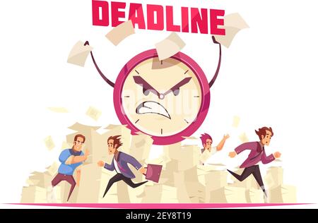 Deadline vector illustration with flying paper sheets people running to office and angry cartoon face of alarm clock Stock Vector