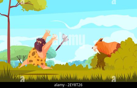 Hunting in stone age colorful poster with prehistoric man running from big animal  cartoon vector illustration Stock Vector
