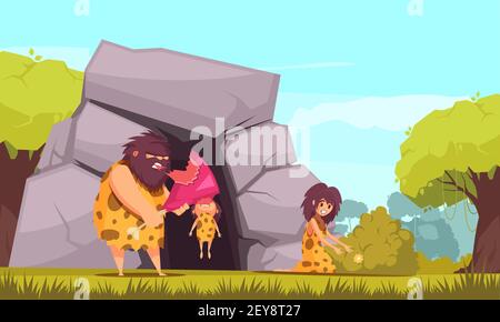 Primitive man cartoon vector illustration with caveman family dressed in animal pelts eating meat near their cave Stock Vector