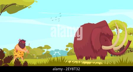 Mammoth hunt cartoon poster with primitive man holding bow and arrow following for big animal vector illustration Stock Vector