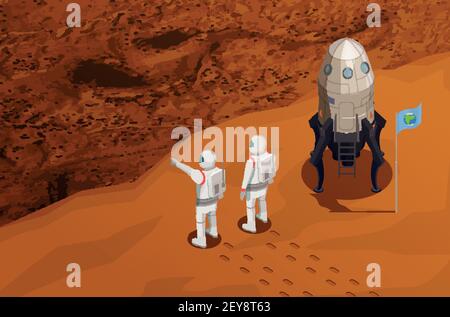 Mars exploration isometric poster with two astronauts near space ship arrived on red planet vector illustration Stock Vector