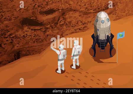 Mars exploration isometric poster with two astronauts near space ship arrived on red planet vector illustration Stock Vector
