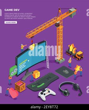 Game development isometric composition with big screen keyboard joystick for video game headphones and crane as symbol of game industry vector illustr Stock Vector