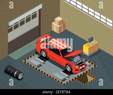 Car tuning isometric composition with automobile on lift in auto repair service interior vector illustration Stock Vector