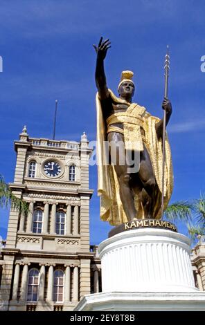 Statue of King Kamehameha at the Iolani Palace in Oahu, Hawaii Stock Photo