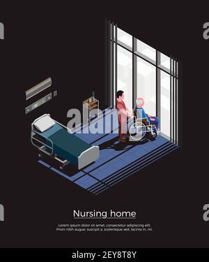 Nursing home isometric composition with elderly man sitting on wheelchair and his caretaker in room interior vector illustration Stock Vector