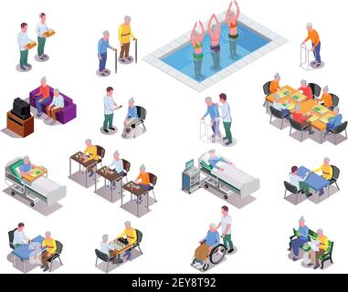Nursing home isometric icons set with staff  monitoring patients and elderly people playing sport exercises or board games isolated vector illustratio Stock Vector