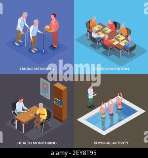 Nursing home  2x2 design concept set of taking medicines proper nutrition health monitoring physical activity square compositions isometric vector ill Stock Vector