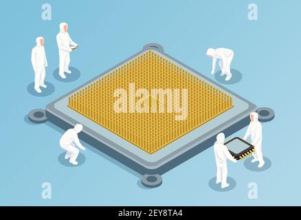 Semiconductor isometric vector illustration with big image of cpu in center and people in white technological clothing for clean rooms Stock Vector