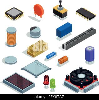 Semiconductor isometric set of microchip  microprocessor diode transistor capacitor resistor slot isolated elements vector illustration Stock Vector