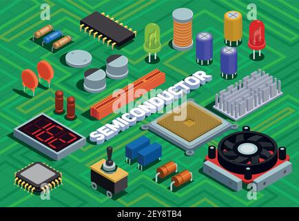 Semiconductor isometric background imitated printed circuit board with different electronic components of electric scheme vector illustration Stock Vector