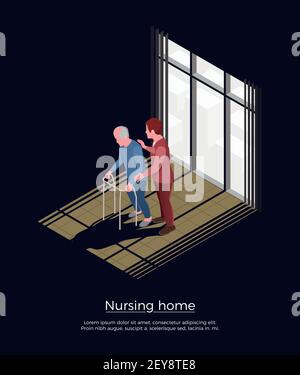 Nursing home isometric design concept with female person looking after elderly man moving with walker vector illustration Stock Vector