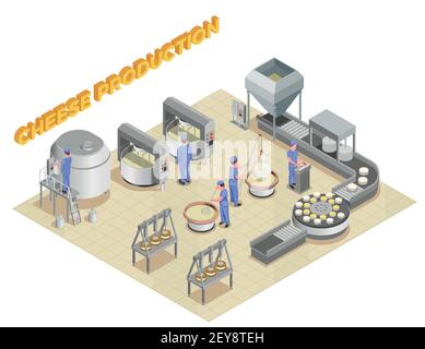 Cheese production isometric composition with elements of factory equipment and staff working in manufacturing process vector illustration Stock Vector