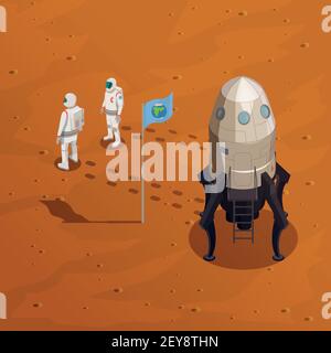 Mars exploration design concept with two astronauts in spacesuit walking on surface of red planet vector illustration Stock Vector