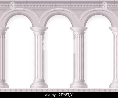 Greek 3d and realistic antique white columns composition with white ancient arches vector illustration Stock Vector